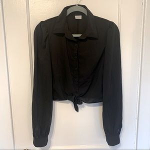 Suzy Shier Black Sheer Button Down Crop Top